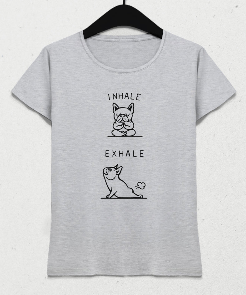 Inhale Exhale Bulldog Yoga gri tişört - basmatik.com