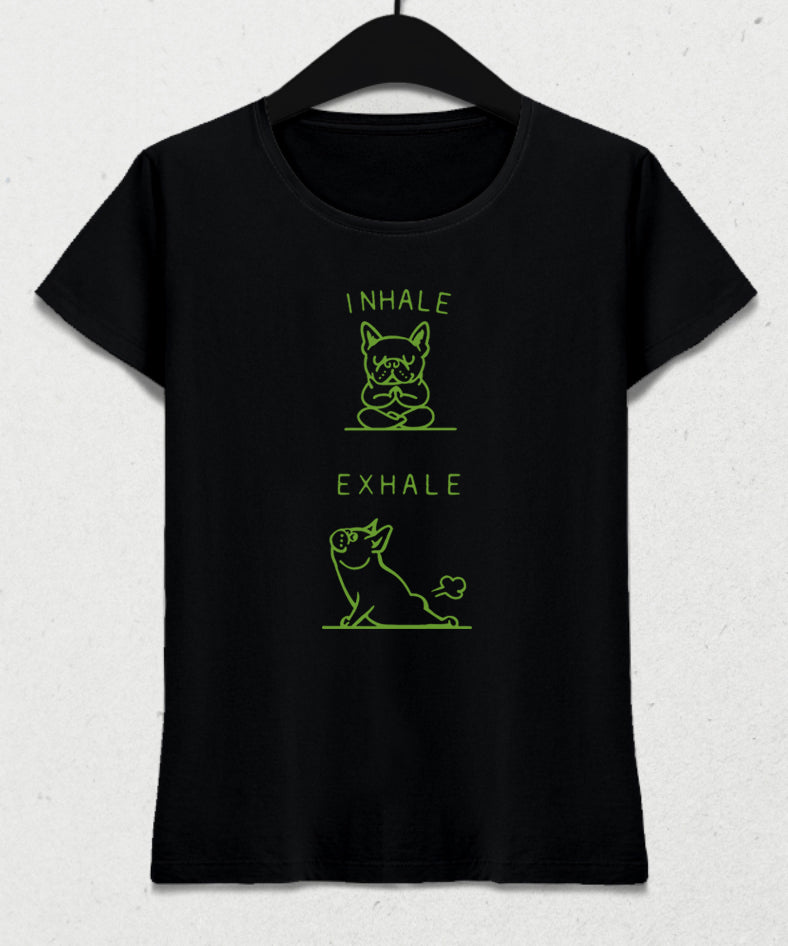 Inhale Exhale Bulldog Yoga siyah tişört - basmatik.com