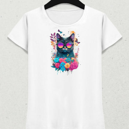 Renkli Çiçeklerle Süslü Gözlüklü Kedi - Kadın Tişört