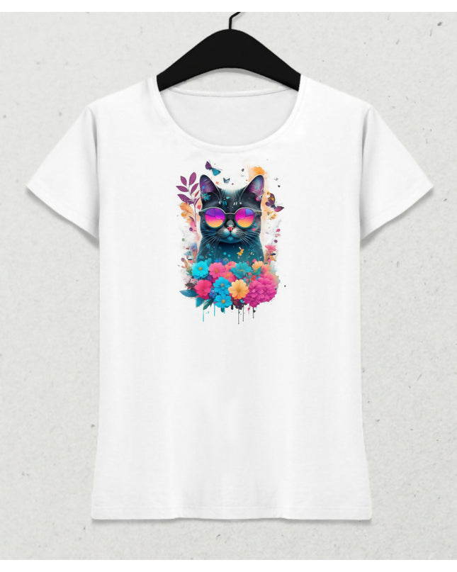 Renkli Çiçeklerle Süslü Gözlüklü Kedi - Kadın Tişört