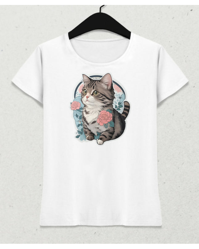 Çiçeklerle Bezenmiş Zarif Kedi - Kadın Tişört