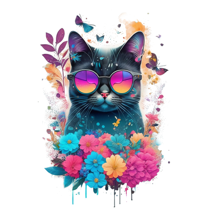 Renkli Çiçeklerle Süslü Gözlüklü Kedi - Erkek Tişört
