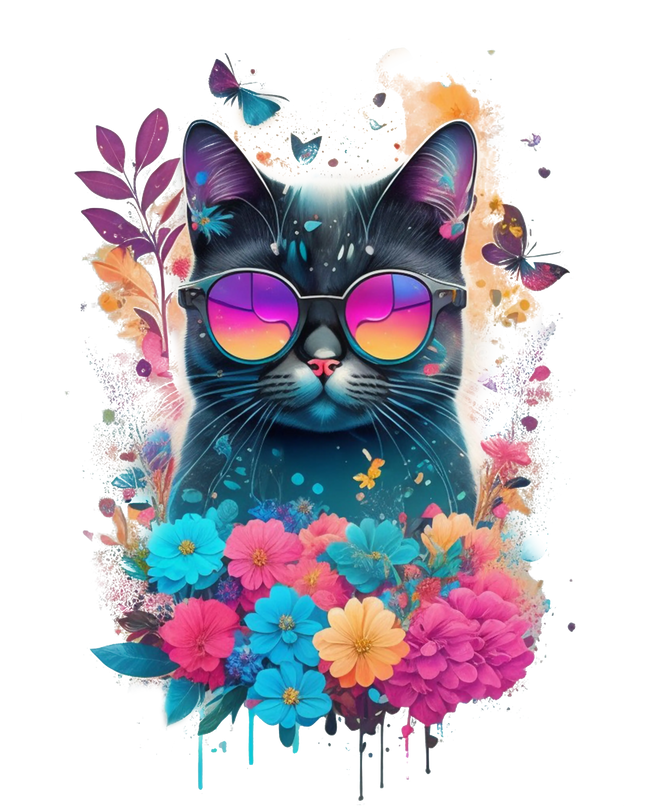 Renkli Çiçeklerle Süslü Gözlüklü Kedi - Erkek Tişört