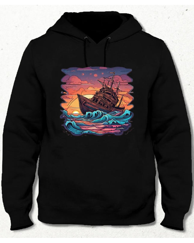Gün Batımında Tekne Kapşonlu Unisex Sweatshirt