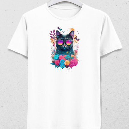 Renkli Çiçeklerle Süslü Gözlüklü Kedi - Erkek Tişört