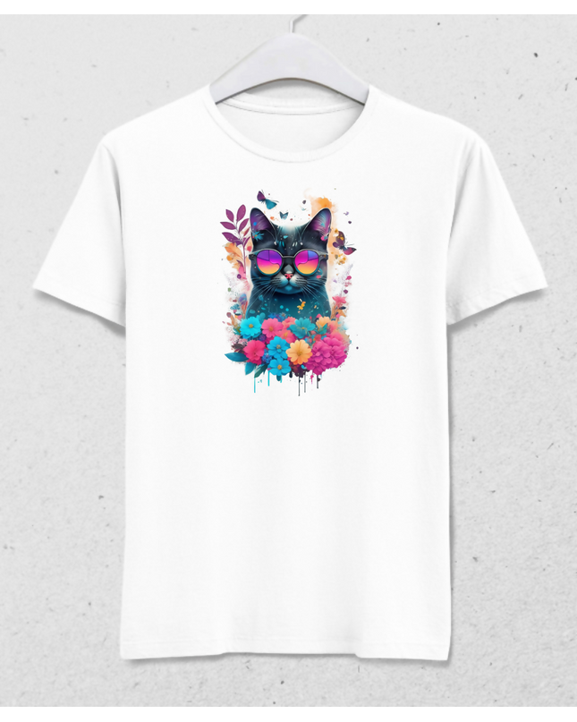 Renkli Çiçeklerle Süslü Gözlüklü Kedi - Erkek Tişört