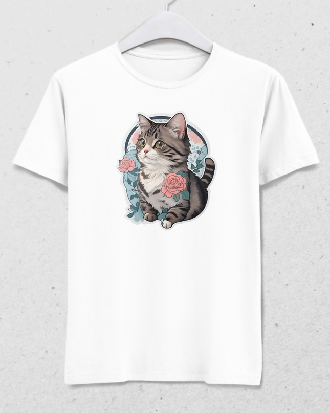 Elegant Cat Adorned with Flowers - Men's T-Shirt