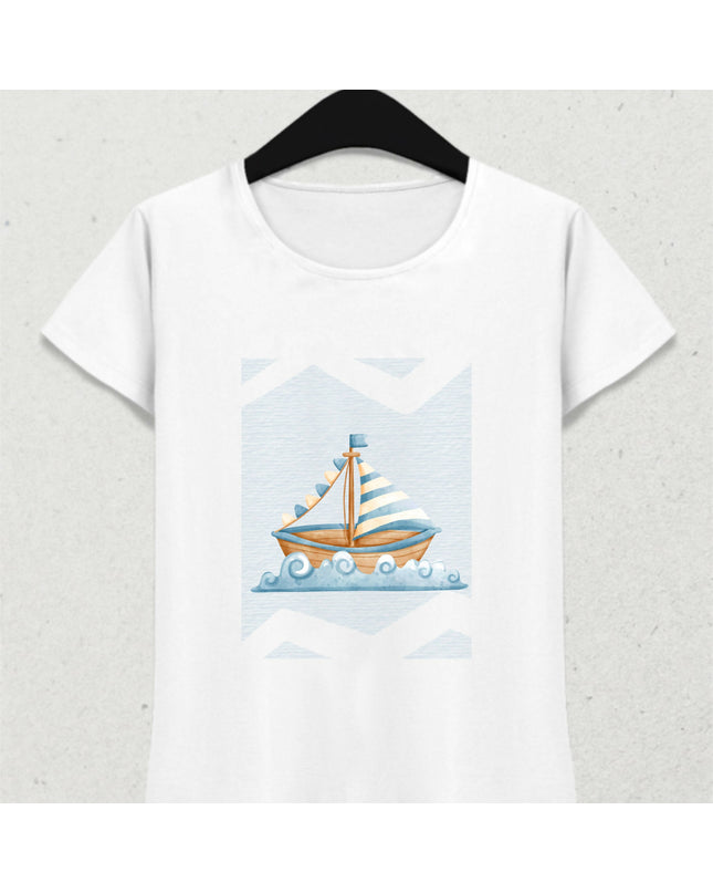 Mavi Beyaz Yelkenli Yaz Temalı Tişört