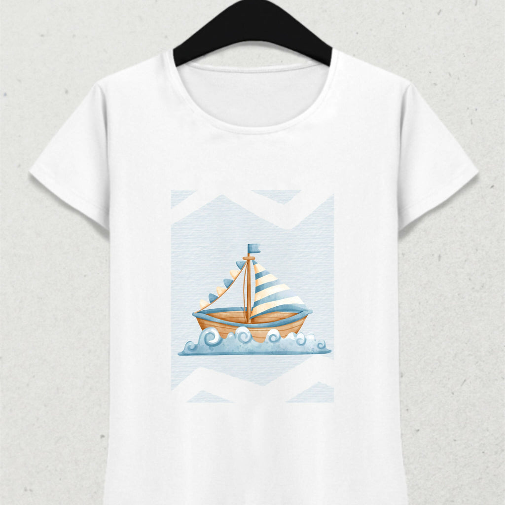Mavi Beyaz Yelkenli Yaz Temalı Tişört