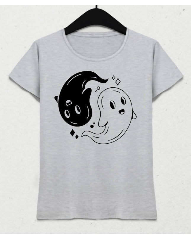 Ying Yang Ghosts Kadın Gri Tişört - basmatik.com