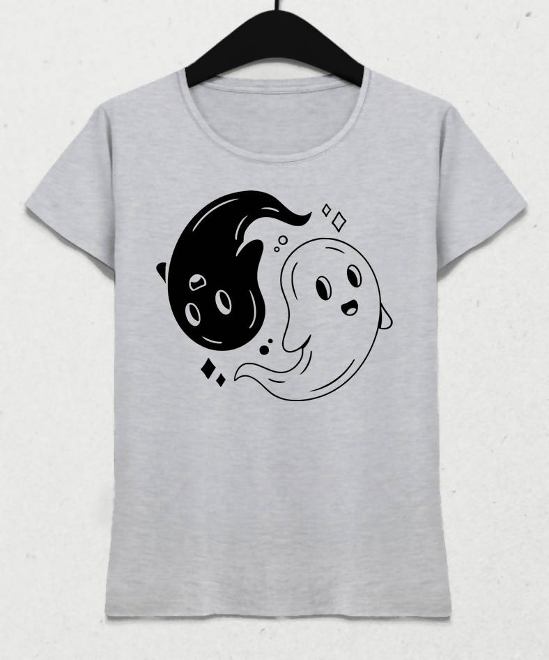 Ying Yang Ghosts Kadın Gri Tişört - basmatik.com