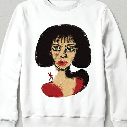 Kadın Portre Tavşanlı Detaylı Kırmızı Siyah Tasarım Sweatshirt