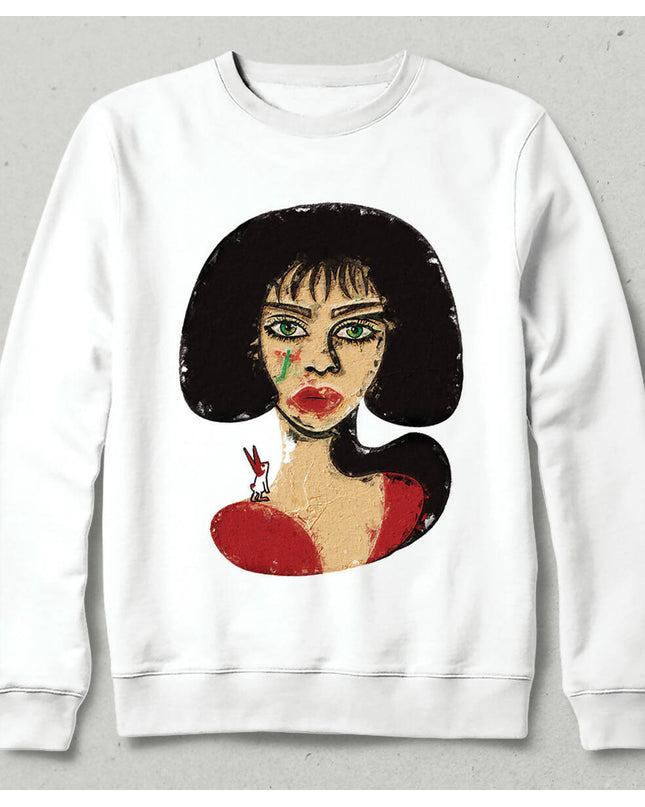 Women's Portrait Rabbit Detailed Red Black Design Sweatshirt 