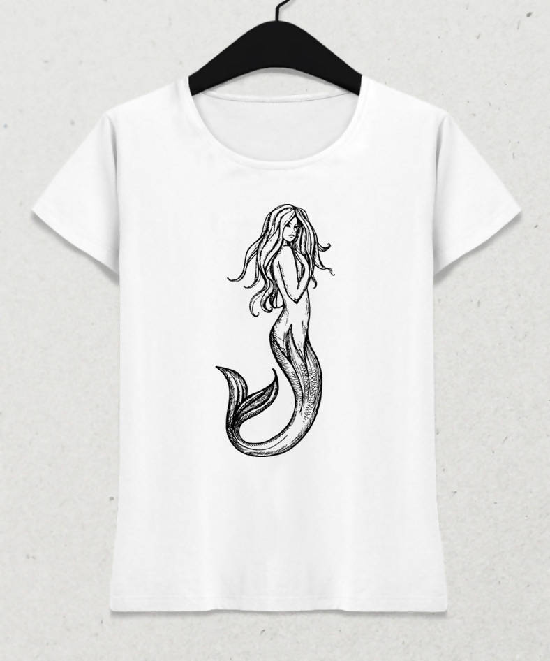 Deniz Kızı Kadın Beyaz Tişört - basmatik.com