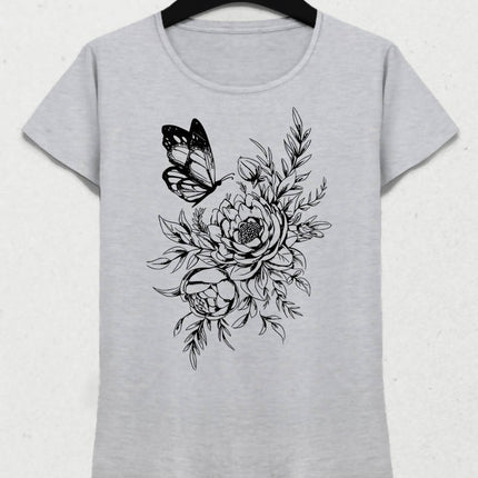 Floral Butterfly Kadın Gri Tişört - basmatik.com