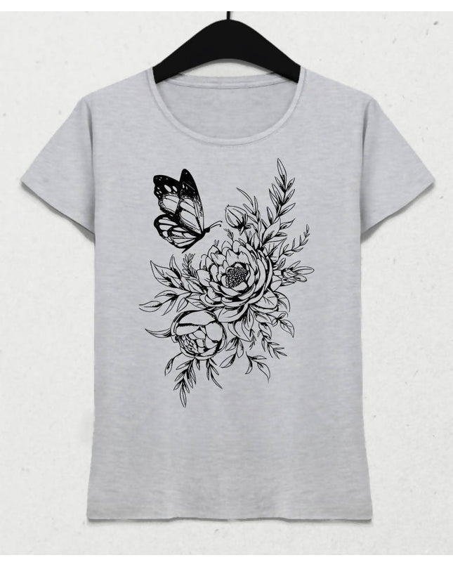 Floral Butterfly Kadın Gri Tişört - basmatik.com