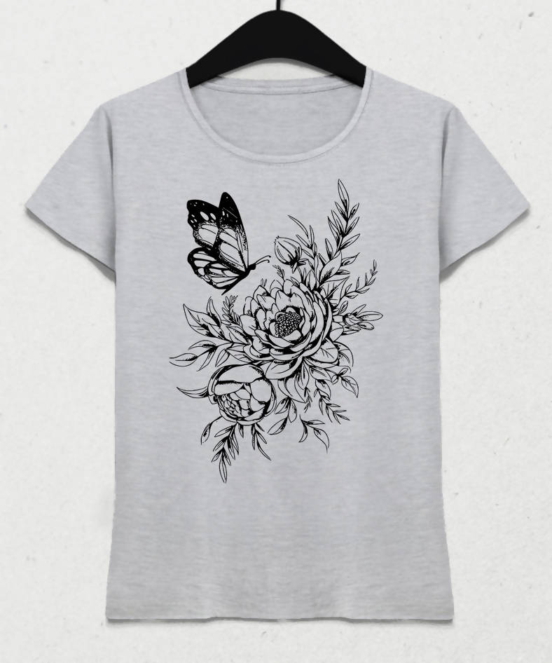 Floral Butterfly Kadın Gri Tişört - basmatik.com