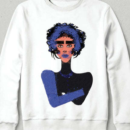 Mavi Mor Kadın Portre Tasarım Kapşonsuz Unisex Gri Sweatshirt