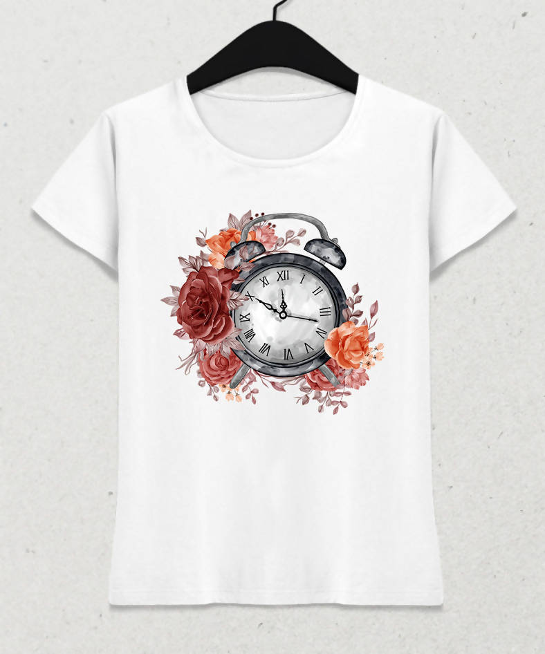 Çalar Saat Kadın Beyaz Tişört - basmatik.com