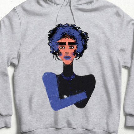 Mavi Mor Kadın Portre Tasarım Kapşonlu Unisex Gri Sweatshirt