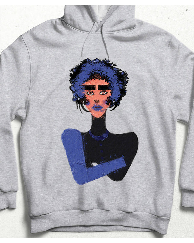 Mavi Mor Kadın Portre Tasarım Kapşonlu Unisex Gri Sweatshirt