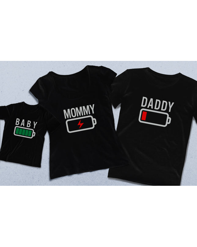 Batarya Anne baba çocuk siyah tişört seti - basmatik.com