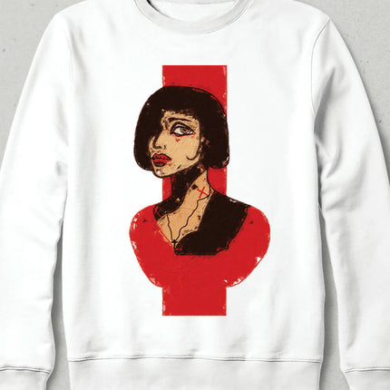 Kirmizi Siyah Kadın Portre Tasarım Unisex Sweatshirt Kapşonsuz