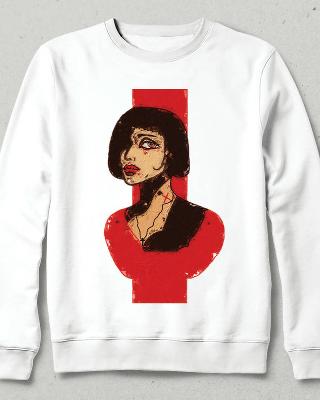 Kirmizi Siyah Kadın Portre Tasarım Unisex Sweatshirt Kapşonsuz - basmatik.com