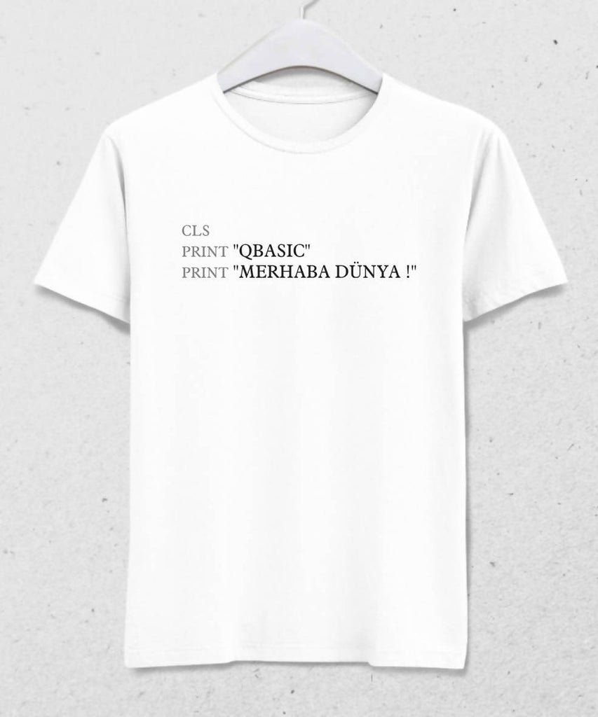 Q Basic Programlama Merhaba Dünya Erkek Beyaz Tişört - basmatik.com