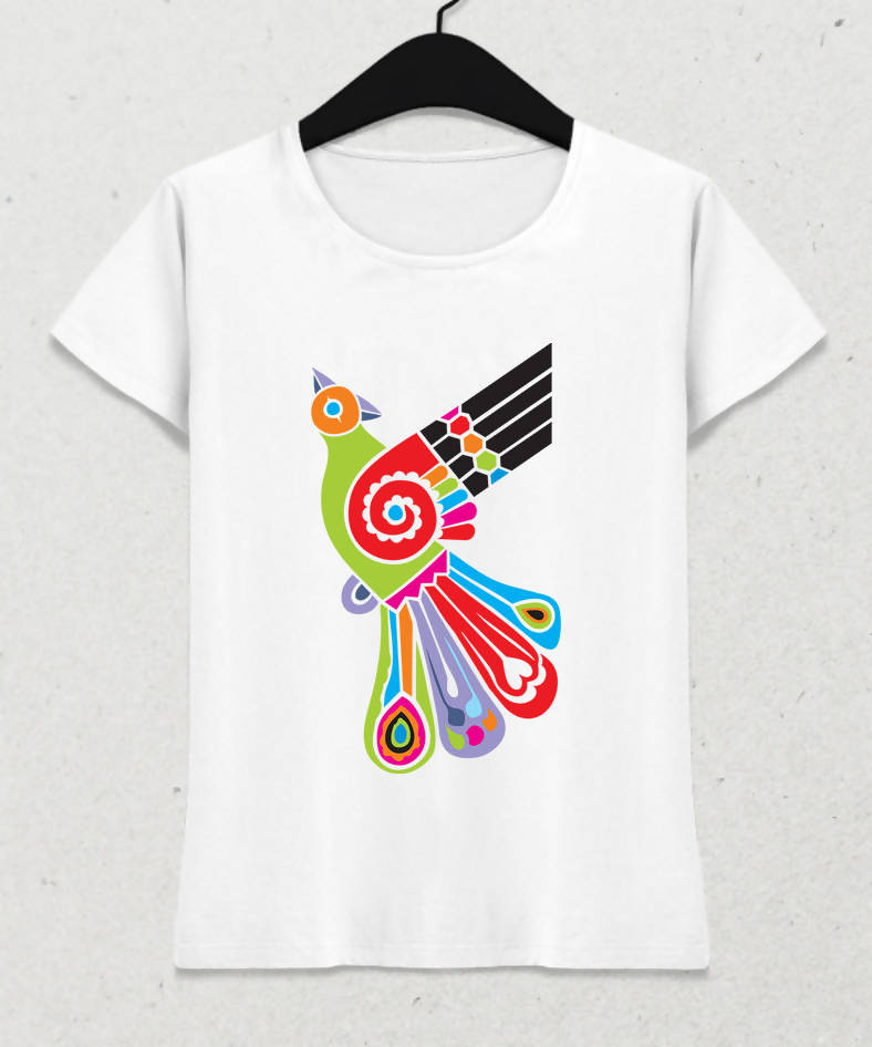 Otantik Kuş Beyaz Kadın Tişört - basmatik.com