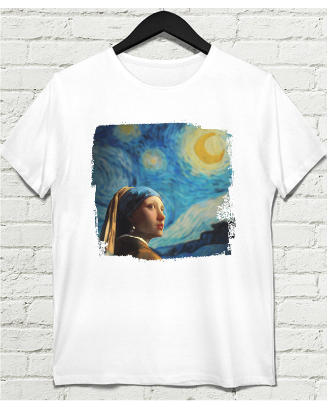 Girl with Starry Night Beyaz Tshirt - basmatik.com