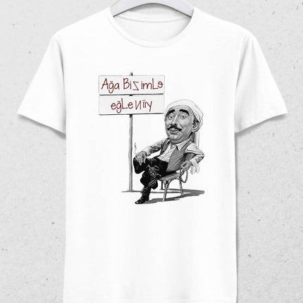 Ağa Bizimle Eğleniyor Erkek Beyaz Tişört - basmatik.com