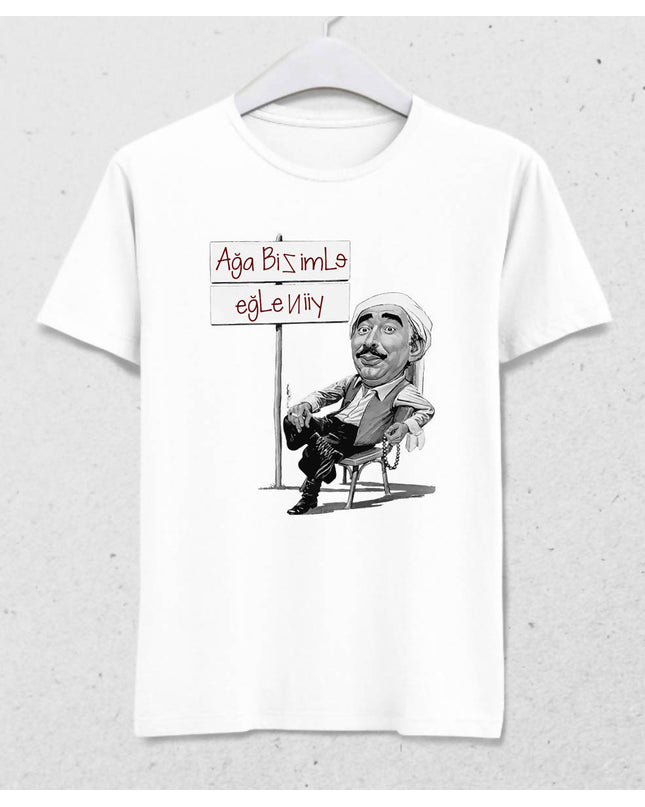 Ağa Bizimle Eğleniyor Erkek Beyaz Tişört - basmatik.com