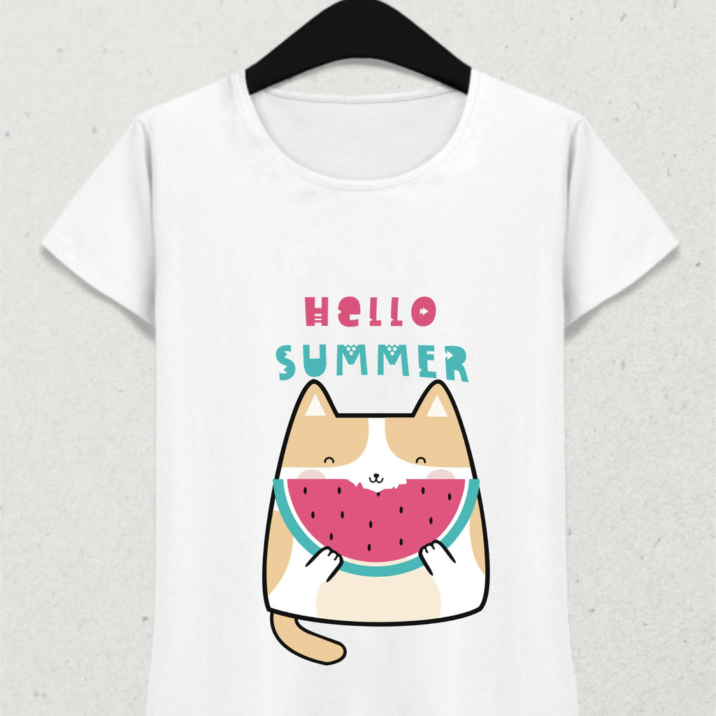 Watermelon and Cat Hello Summer T-Shirt 