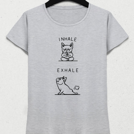 Inhale Exhale Bulldog Yoga gri tişört - basmatik.com