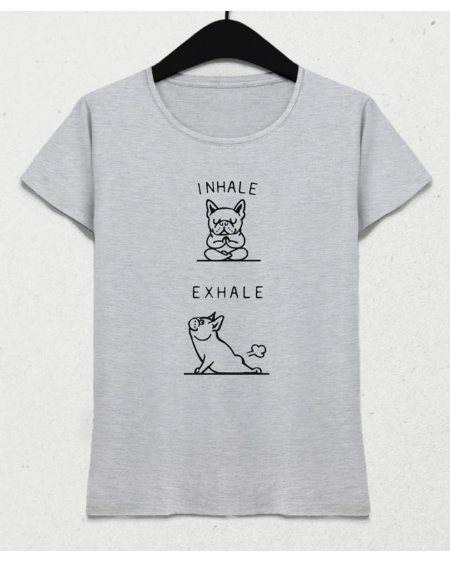 Inhale Exhale Bulldog Yoga gri tişört - basmatik.com