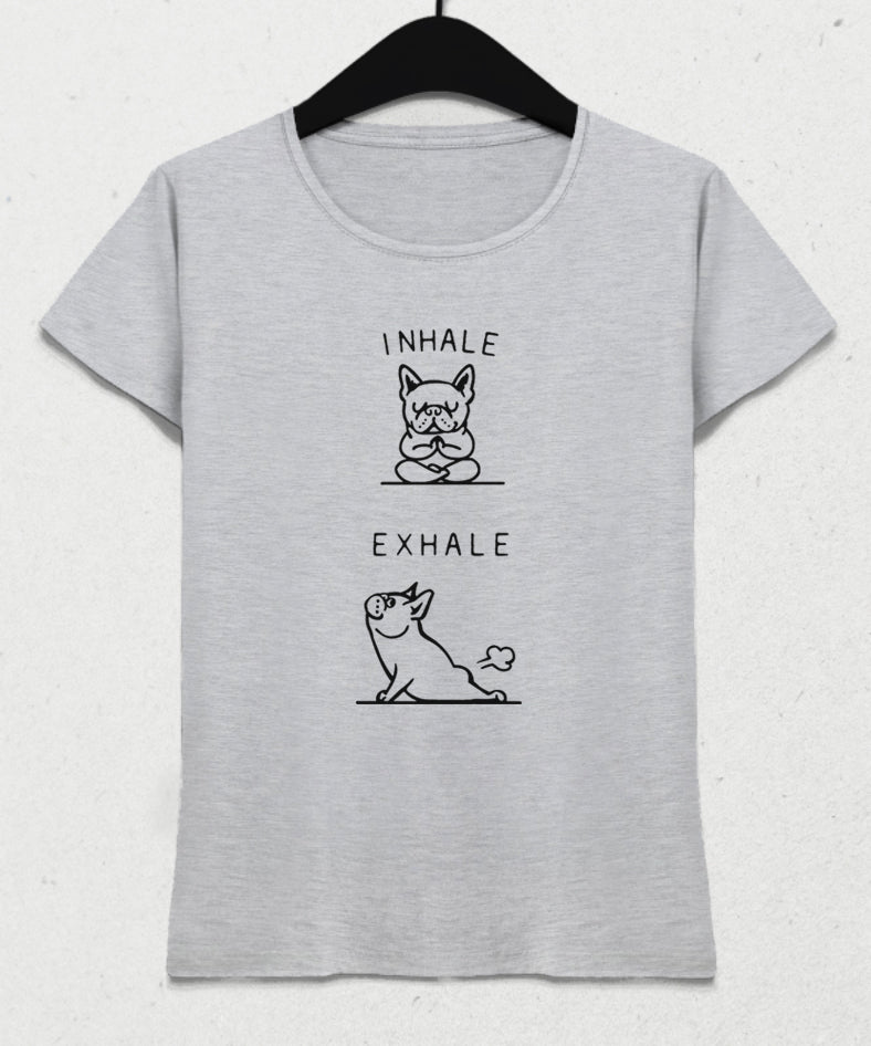 Inhale Exhale Bulldog Yoga gri tişört - basmatik.com