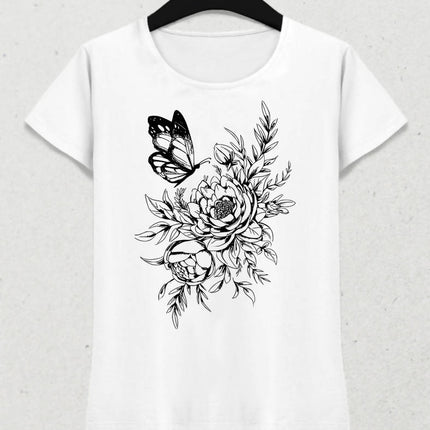 Floral Butterfly Kadın Beyaz Tişört - basmatik.com