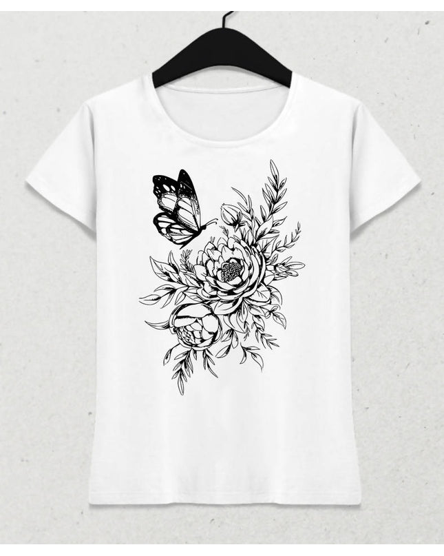 Floral Butterfly Kadın Beyaz Tişört - basmatik.com