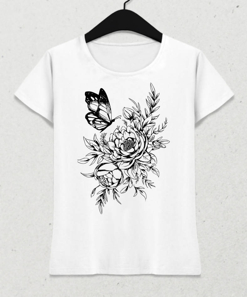 Floral Butterfly Kadın Beyaz Tişört - basmatik.com