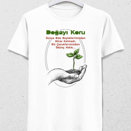 Doğayı Koru Temalı Erkek Beyaz Tişört - basmatik.com