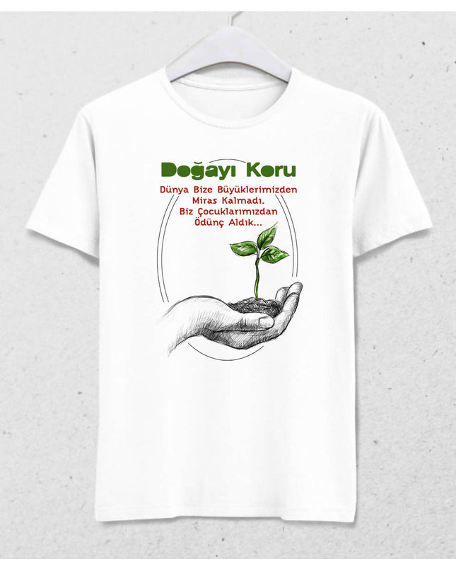 Doğayı Koru Temalı Erkek Beyaz Tişört - basmatik.com