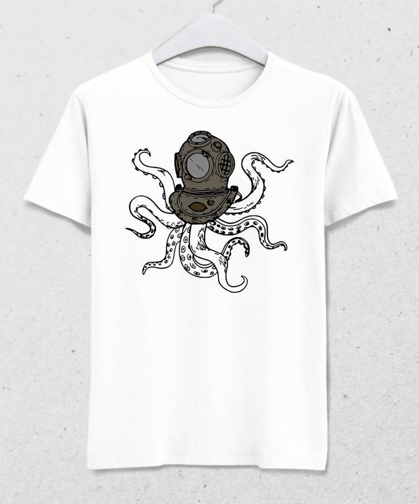 Scuba Diving Octopus Erkek Beyaz Tişört - basmatik.com