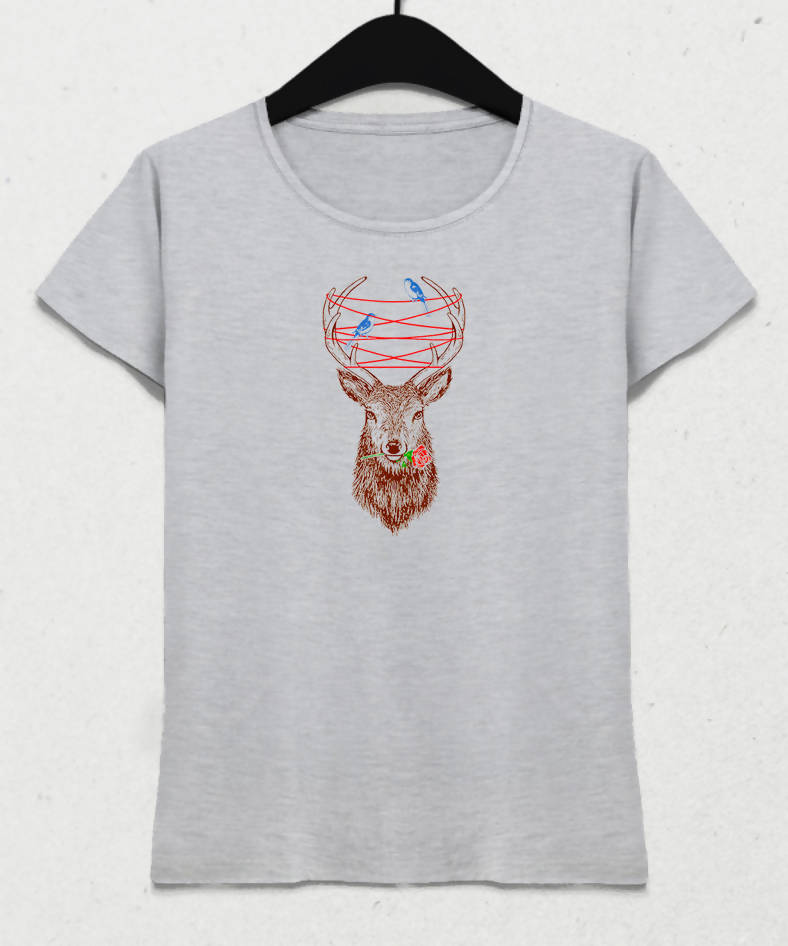 Deer and Birds Women's Gray T-Shirt