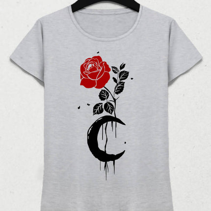 Rose And Moon Kadın Gri Tişört - basmatik.com