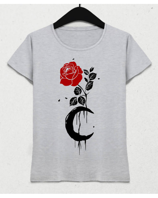 Rose And Moon Kadın Gri Tişört - basmatik.com