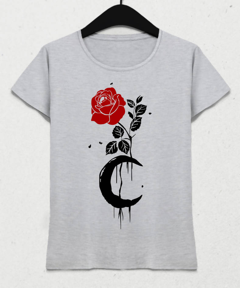Rose And Moon Kadın Gri Tişört - basmatik.com