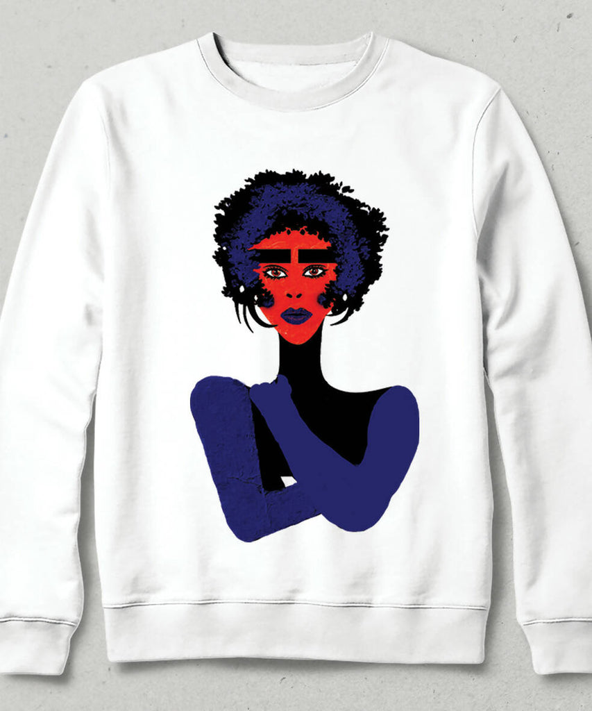 Kadın Portre Tasarım Mor Mavi Kapşonsuz Sweatshirt