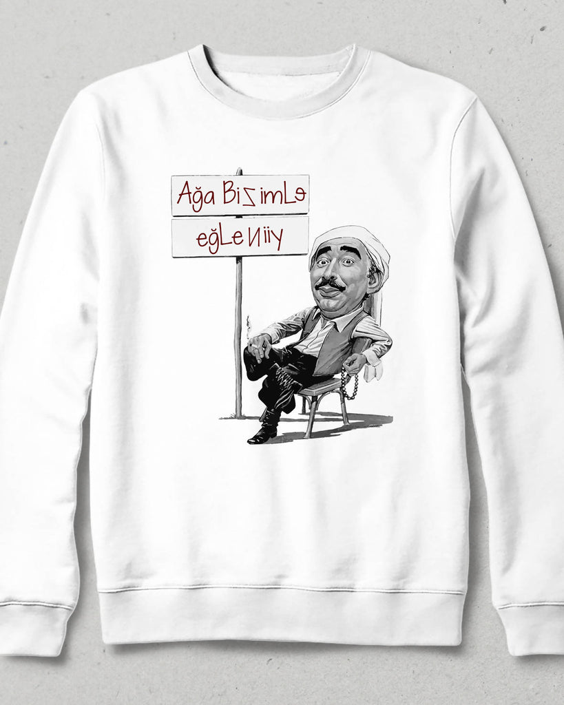 Ağa Bizimle Eğleniyor Beyaz Sweatshirt - basmatik.com