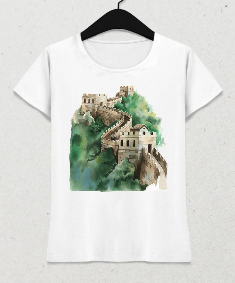 Çin Seddi Kadın Beyaz Tişört - basmatik.com